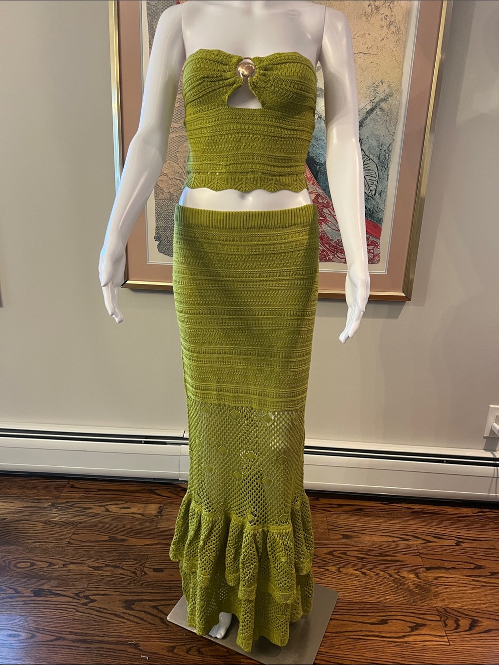 Fashion Nova Olive Crochet Knit 2Piece Maxi Skirt and Top
